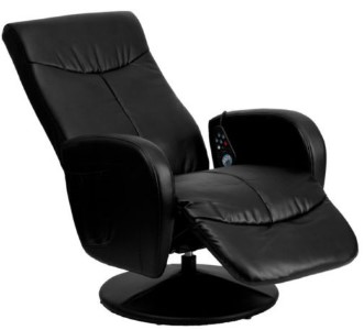 Massaging Black Leather Recliner and Ottoman